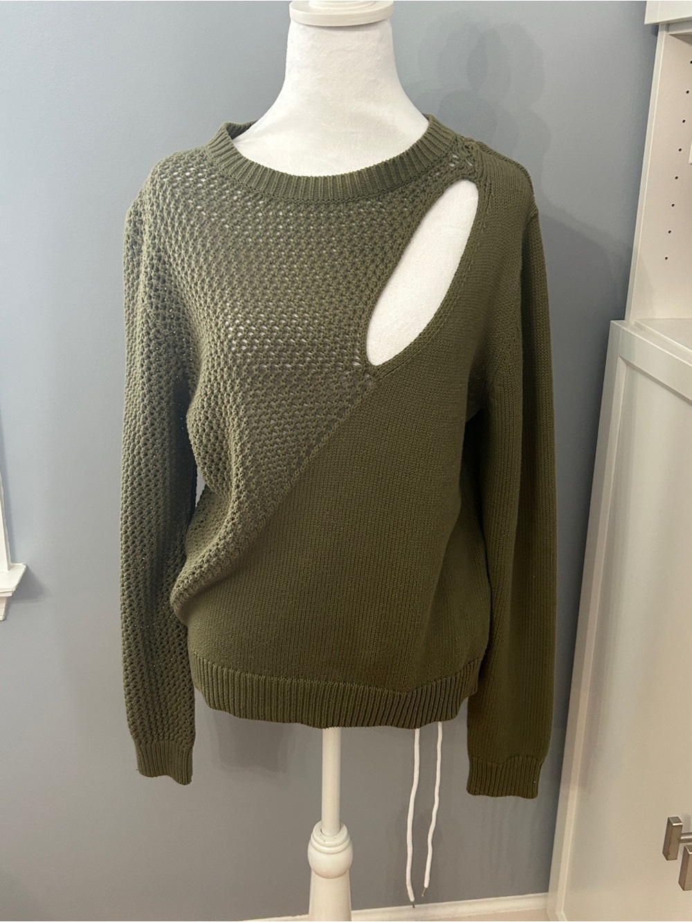 RtA Olive Green Open Knit Asymmetric Cut-Out Long Sleeve Sweater Women's Medium
